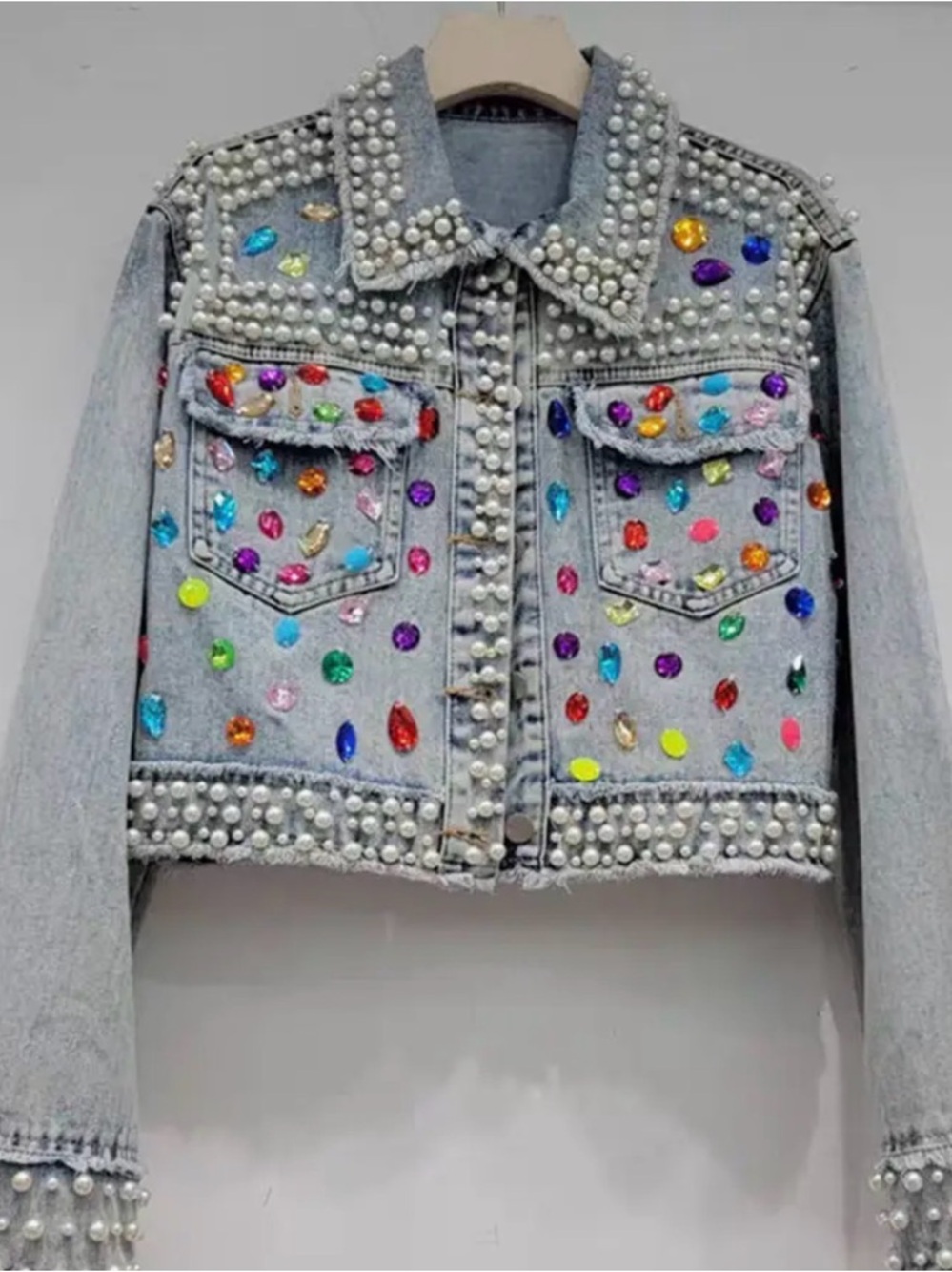 Main Character Denim Jacket with Pearls & Multicolor Gems